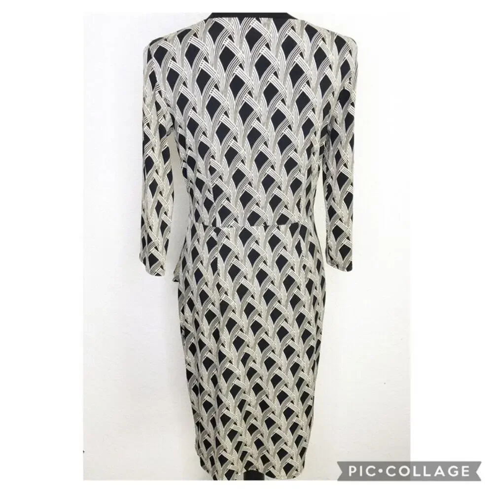 WHBM cream black art deco geometric faux wrap midi dress size 4